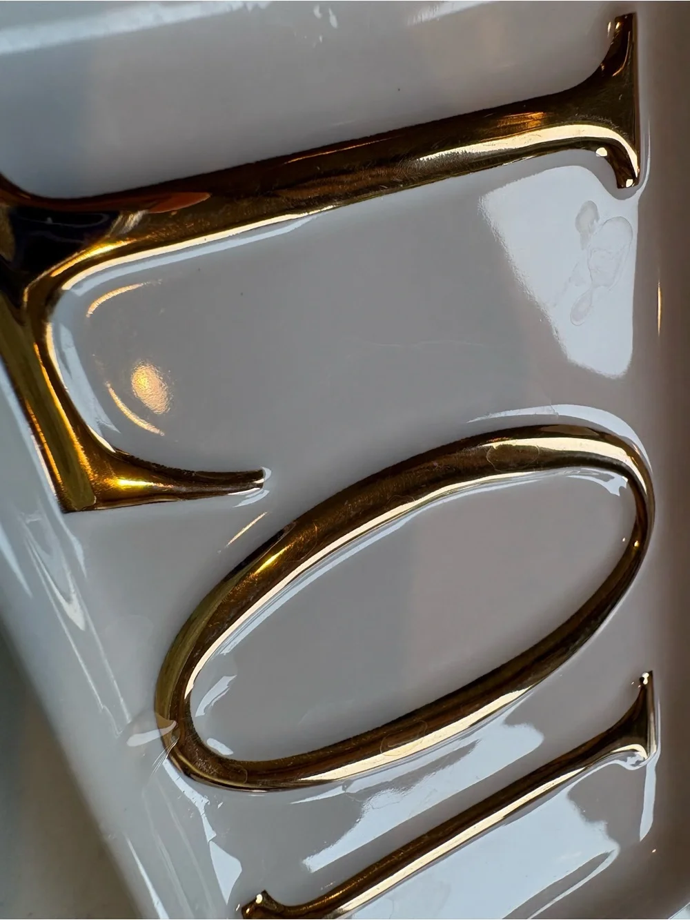 Pottery Barn White Ceramic Trinket Trays with Gold Lettering - OMG & LOL